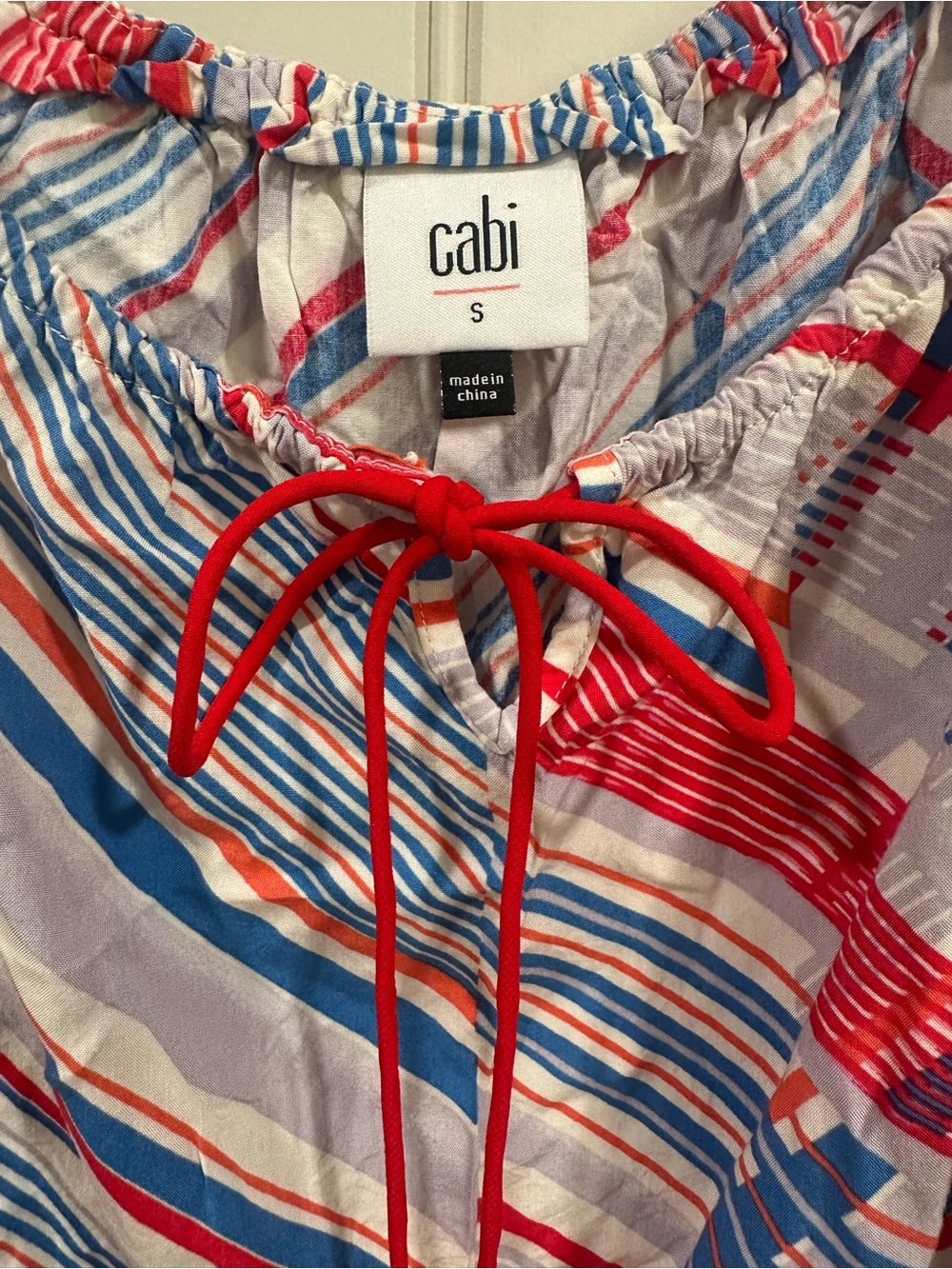 CAbi Striped Tie-Neck Top in Red, Blue & White